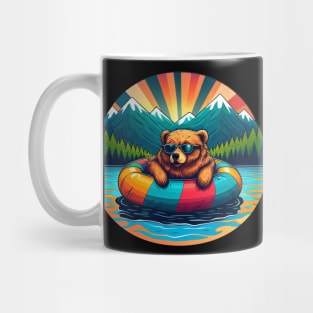 Grizzly Bear in Sunglasses Floating on a Lake with Mountains and Trees Mug